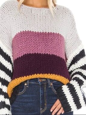 Blank NYC Chunky Colorblock Crewneck Sweater in White, Pink, Burgundy & Mustard